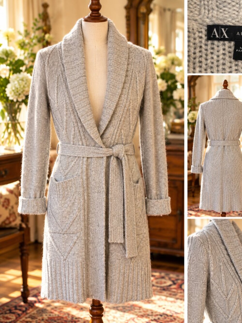 A|X Armani Exchange Grey Cable Knit Belted Long Cardigan | M